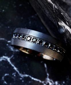 B08TMHTZ96 Black Diamonds Domed Wedding Band, Black Diamonds Engagement Ring, Black Brushed Tungsten Engagement Ring, Mens Diamond Wedding Band