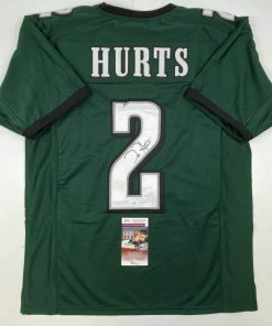 B08TH6479F Autographed/Signed Jalen Hurts Philadelphia Green Football Jersey JSA COA