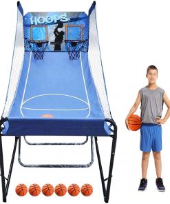 B08VDF2PLM HYDT Foldable Dual Shot Basketball Arcade Game, 8 Game Options, Electronic Basketball Game with 6 Balls, Adults Children Exercise Sport Fun