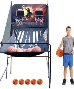 B08VDGV7RF Foldable Indoor Basketball Arcade Game, Double Electronic Hoop Shot w/ 5 Balls, Scoreboard and Inflation Pump, for All Age Group