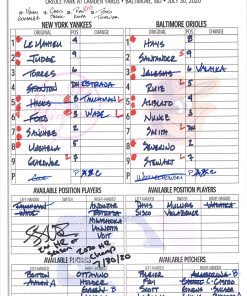 B08W3RD6QC Luke Voit New York Yankees Autographed Game-Used Lineup Card vs. Baltimore Orioles on July 30, 2020 - Game 1 of Doubleheader with Multiple Inscriptions - MLB Autographed Game Used Lineup Cards