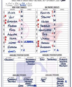 B08T6K2T1Z New York Yankees Game-Used Lineup Card vs. Baltimore Orioles on September 4, 2020 - Game 2 of Doubleheader - MLB Game Used Lineup Cards