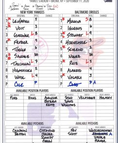 B08T6C75J2 New York Yankees Game-Used Lineup Card vs. Baltimore Orioles on September 11, 2020 - Game 1 of Doubleheader - MLB Game Used Lineup Cards