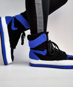 B08RXBQKPF Crochet Jordan Royal Blue Home Shoe, Sneakers Basketball Crochet Slippers, Custom Printed Knitting Handmade Jordan Men Best Gift