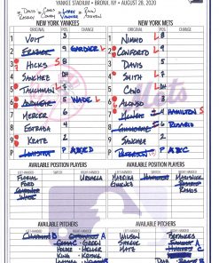 B08T6FHQX3 New York Yankees Game-Used Lineup Card vs. New York Mets on August 28, 2020 - Game 2 of Doubleheader - MLB Game Used Lineup Cards
