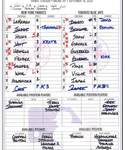 B08T6FDVG3 New York Yankees Game-Used Lineup Card vs. Toronto Blue Jays on September 16, 2020 - MLB Game Used Lineup Cards