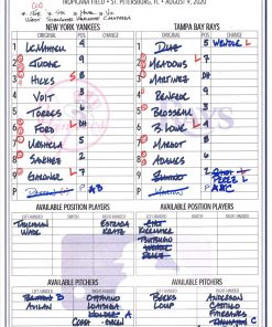 B08T6FQNLK New York Yankees Game-Used Lineup Card vs. Tampa Bay Rays on August 9, 2020 - MLB Game Used Lineup Cards