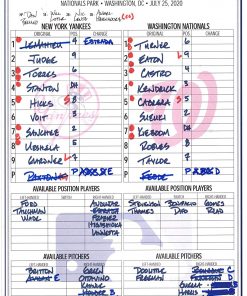B08T6L1SDS New York Yankees Game-Used Lineup Card vs. Washington Nationals on July 25, 2020 - MLB Game Used Lineup Cards