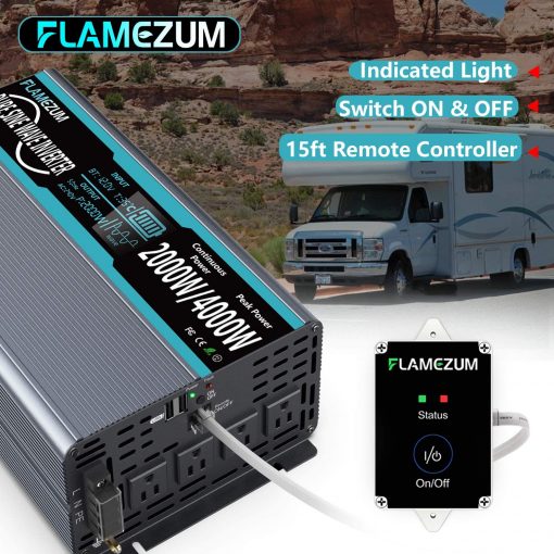 FLAMEZUM Power Inverter Pure Sine Wave 2000Watt 24V DC to 110V 120V Peak Power 4000Watt with Remote Control Dual AC Outlets and Dual USB Port for CPAP RV Car Solar System Emergency