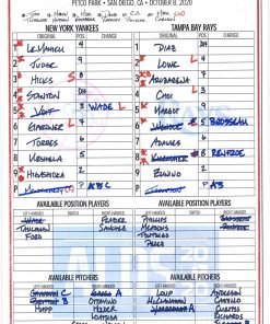 B08W3NZ6TF New York Yankees Game-Used Lineup Card vs. Tampa Bay Rays on October 8, 2020 - MLB Game Used Lineup Cards