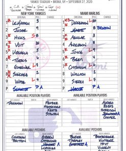 B08W3PTSZT New York Yankees Game-Used Lineup Card vs. Miami Marlins on September 27, 2020 - MLB Game Used Lineup Cards