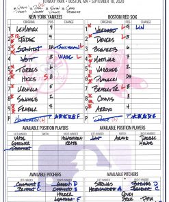 B08T6G3DBM New York Yankees Game-Used Lineup Card vs. Boston Red Sox on September 18, 2020 - MLB Game Used Lineup Cards