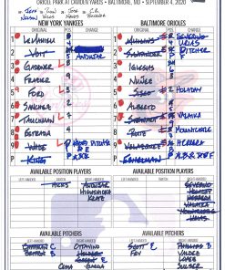 B08T6JPCWP New York Yankees Game-Used Lineup Card vs. Baltimore Orioles on September 4, 2020 - Game 1 of Doubleheader - MLB Game Used Lineup Cards