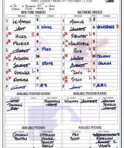 B08T6FN13F New York Yankees Game-Used Lineup Card vs. Baltimore Orioles on September 11, 2020 - Game 2 of Doubleheader - MLB Game Used Lineup Cards