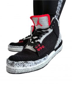 B08RXHNTBX Jordan 3 Retro Black Crochet Home Slippers, Custom Sneakers Basketball Shoes, Knitting Indoor Soft Warm Plush Winter Bedroom Booties