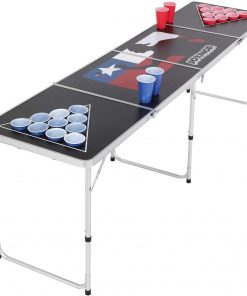 B08T67K5TT PEXMOR 8 FT Folding Beer Pong Table with Cup Holes & Safety Lock, Portable Beer Game Table Height Adjustable Lightweight with 24 Cups & Ping-Pongs,Upgraded Stability Pong Game Tables,Black