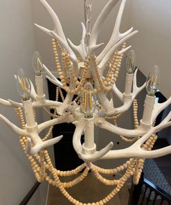 B08WLCPQM1 Handmade Beaded Antler Chandelier -white antlers with natural wood beads