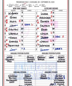 B08W3NP56S New York Yankees Game-Used Lineup Card vs. Cleveland Indians on September 29, 2020 - MLB Game Used Lineup Cards