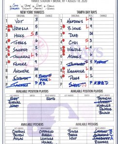 B08T6DRXL2 New York Yankees Game-Used Lineup Card vs. Tampa Bay Rays on August 18, 2020 - MLB Game Used Lineup Cards