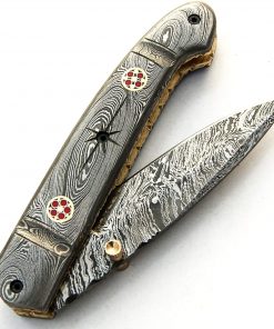 B08VGQ9652 Folding Knife - Handmade Knife - Damascus steel knives - 7.4 Inch Sharp Edge Folding Blade - Custom Knife - Twist Pattern Damascus Handle - Folding Pocket Knives - Knife With Leather Sheath - 9490