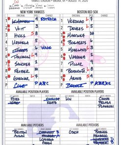 B08T6FQPFV New York Yankees Game-Used Lineup Card vs. Boston Red Sox on August 14, 2020 - MLB Game Used Lineup Cards