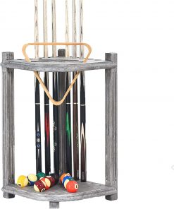 B08WRV6HY7 LLFF Gray Pool Cue Rack, Billiard Stick Stand Holds 10 Cues, Wooden Corner Floor Pool Stick Holder, for Game Room, Bar Area