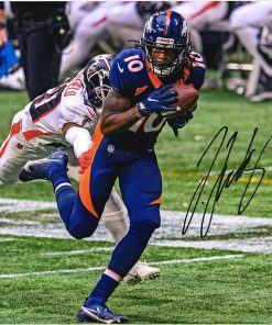 B08T6G5ZRR Jerry Jeudy Denver Broncos Autographed 16" x 20" Navy Jersey Running After Catch Photograph - Autographed NFL Photos