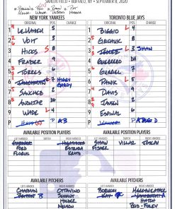 B08T6F88YS New York Yankees Game-Used Lineup Card vs. Toronto Blue Jays on September 8, 2020 - MLB Game Used Lineup Cards