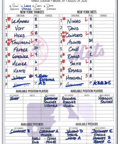 B08T6JDV4Q New York Yankees Game-Used Lineup Card vs. New York Mets on August 29, 2020 - MLB Game Used Lineup Cards