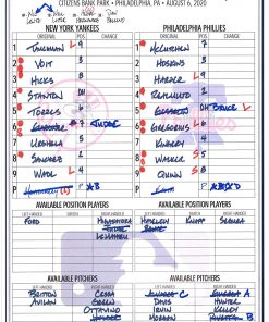 B08T6KSM7V New York Yankees Game-Used Lineup Card vs. Philadelphia Phillies on August 6, 2020 - MLB Game Used Lineup Cards