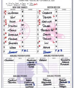 B08T6F391C New York Yankees Game-Used Lineup Card vs. Boston Red Sox on September 20, 2020 - MLB Game Used Lineup Cards