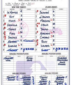 B08T6G3PS4 New York Yankees Game-Used Lineup Card vs. Atlanta Braves on August 12, 2020 - MLB Game Used Lineup Cards