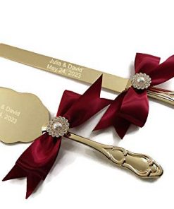 B08V36L21W Personalized Engraved Gold Wedding/Anniversary Cake Knife Server Set with Custom Color Bows, Pearls and Rhinestones