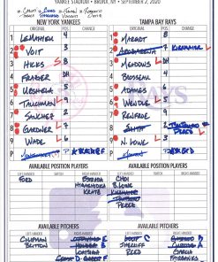 B08T6F47PS New York Yankees Game-Used Lineup Card vs. Tampa Bay Rays on September 2, 2020 - MLB Game Used Lineup Cards