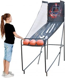 B08T19QFV2 LXLA Indoor Small Basketball Arcade Game for Saving Space, Folding Electronic Single Shoot Hoop Sets with 3 Balls, LED Score Board & Pump