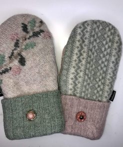 B08WCCCRQF Baabaazuzu Upcycled Wool Sweater Mittens: Pink, Green & Beige Unique Floral Patterned Winter Gloves for Women (Made in USA, Fleece Lined)