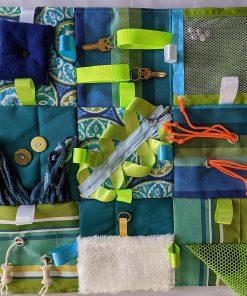 B08SR8C2R9 Fidget Quilt Handmade in the U.S.A. for People with Memory Loss. Alzheimer's Blanket and Dementia Toy. Green and Blue. Size 21â€ x 21â€