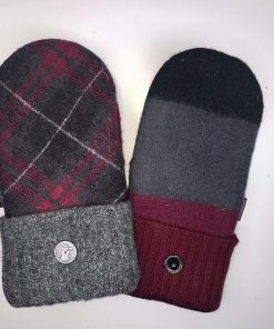B08WCTR3W2 Baabaazuzu Upcycled Wool Sweater Mittens: Red, Black & Gray Uniquely Argyle Patterned Winter Gloves for Women (Made in USA, Fleece Lined)