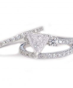 B08S64JVN4 Unique 14K Solid White Gold Triangle Cut And Round Cut Natural Diamonds Engagement Ring And Two Band Set Wedding 2.00ctw