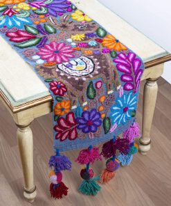 B08T6N5WKZ Embroidered gray table runner patterns - Peruvian wide table Decor- gray wool Floral Table runner from Peru- Embroidery Boho table runner