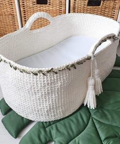 B08WJQL9V3 Crochet moses basket with mattress Handmade Baby bassinet Tropical baby shower gift Woodland nursery furniture Baby cradle White baby bassinet