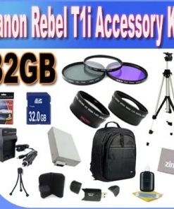 B0080IM0TI Canon T1i  Accessory Saver Kit (58mm Wide Angle Lens + 58mm 2X Telephoto Lens + 58mm 3 Piece Filter Kit + 32GB SDHC Memory + Extended Life Battery + Ac/Dc Charger + USB Card Reader + Deluxe Camera Backpack + Full Size Tripod + Microfiber Cleaning Cloth + LCD Screen Protectors + Mini Tripod + Accessory Saver Bundle!)