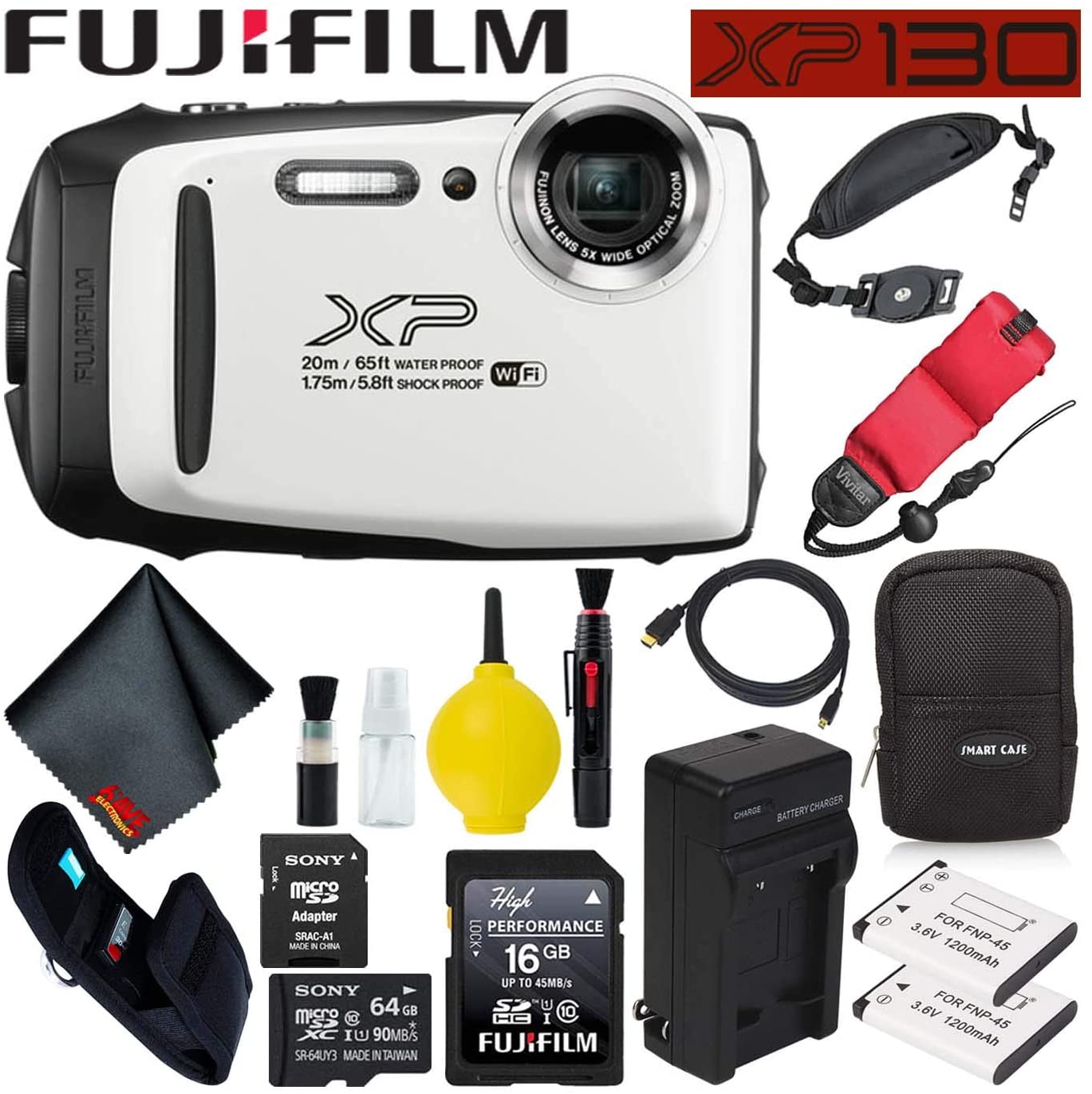 B07TGTBT93 Fujifilm FinePix XP130 Waterproof Digital Camera 600019827  (White) Large Accessory Bundle Includes Floating Wrist Strap, Battery  Charger, 