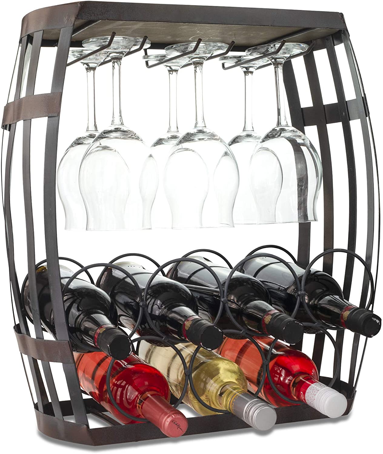 B07XLZJ7T7 Wine Bottle and Glass Free Standing Counter Top Rack by MEK -  Comes Fully Assembled! (Wine Barrel (20