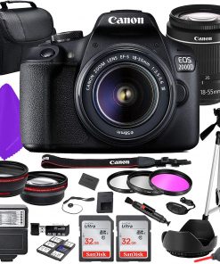 B08WJ56X4B EOS Rebel 2000D Digital SLR Camera with 18-55mm f/3.5-5.6 Zoom Lens + 2X 32GB Sandisk SD Card + Wide and Telephoto Lens + Tripod + Gadget Bag + Deluxe Accessory Bundle