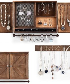 B08V4PQY41 CHARMAID Rustic Jewelry Organizer Cabinet Wall Mounted with Barn Door Decor, Vintage Wooden Hanging Jewelry Holder Box for Earrings, Necklaces, Bracelets and Rings with Additional Hook Organizer