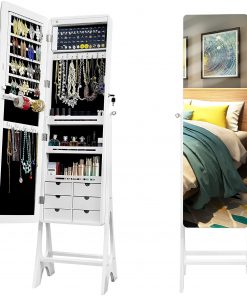 B08VWQD5BG LED Standing Mirror Armoire Jewelry Organizer Cabinet with Full Length Body Mirror, Large Storage Lockable Earring Necklace Ring Organizer with Inner Mirror 6 Drawer White