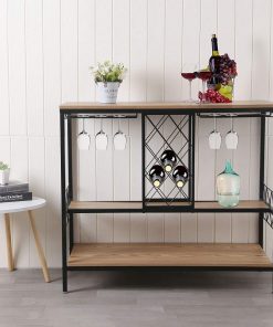 B08VS233CC MorNon Vintage Industrial Wine Rack Table with Glass Holder, Wine Storage Organizer Display Stand Wine Bar Cabinet with Storage for Home Kitchen