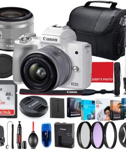 B08WG7TM7C Canon EOS M50 Mark II Mirrorless Camera with 15-45mm STM Lens (White) Bundle + Premium Accessory Bundle Including 32GB Memory, Filters, Photo/Video Software Package, Shoulder Bag & More